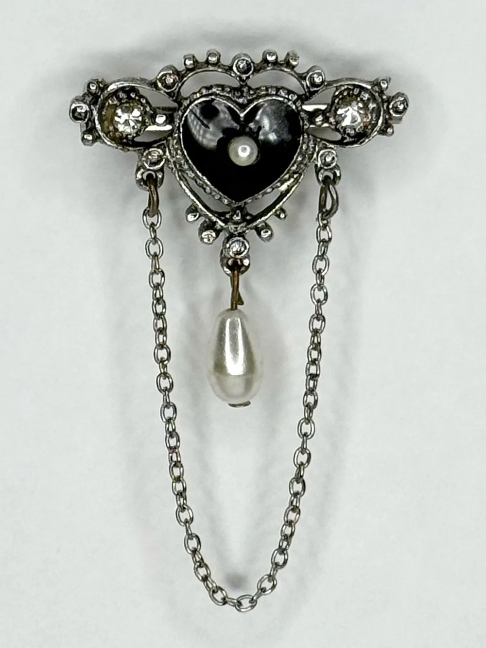 Vintage Signed Florenza Victorian Revival Mourning Heart Brooch Black Enamel